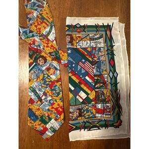 Vintage Harlequin Mondial LTD 100% Silk Tie and pocket handkerchief Artist Tekle